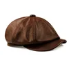 Retro Brown Hats Men Spring/Winter 100% Real Leather Warm Cap Male Beret Painter Boina Cowhide Octagonal Casquette High Quality 2