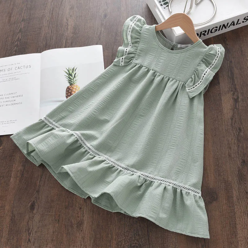 

2023 Summer New Arrival Girls Sleeveless O Neck Ruffles Red Green Designer Cute Party Dress Custume 1-6T