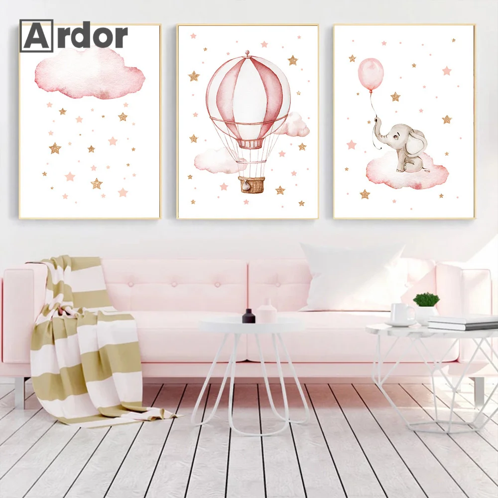 

Child Art Painting Pink Cloud Posters Hot Air Balloon Canvas Poster Elephant Nursery Print Nordic Wall Pictures Girls Room Decor