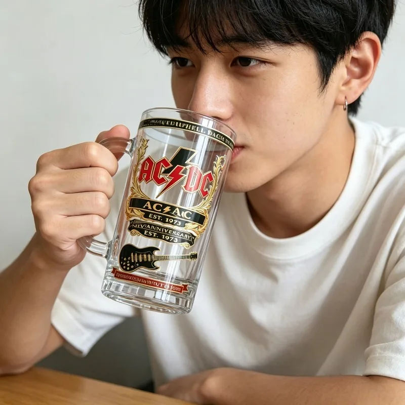 빈티지 록 밴드 스타일 유리 맥주잔, 손잡이가 있는 음료잔, 두꺼운 바닥, 홈 바, 파티, 록 애호가를 위한 선물로 이상적