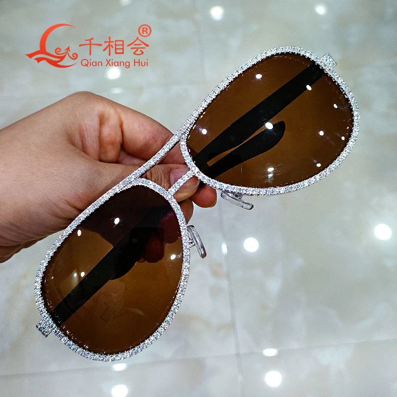 full white moissanite silver Fashion Sunglasses Woman men Vintage Designer brown Glasses Sun Glasses Big Frame Cool Sexy Female
