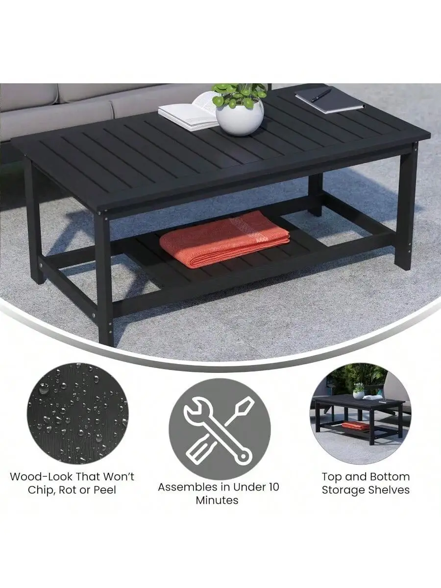 Two Tiered Commercial Grade Adirondack Coffee Table - Black Finish Poly Resin Wood - All-Weather - Slatted Shelf Design 5