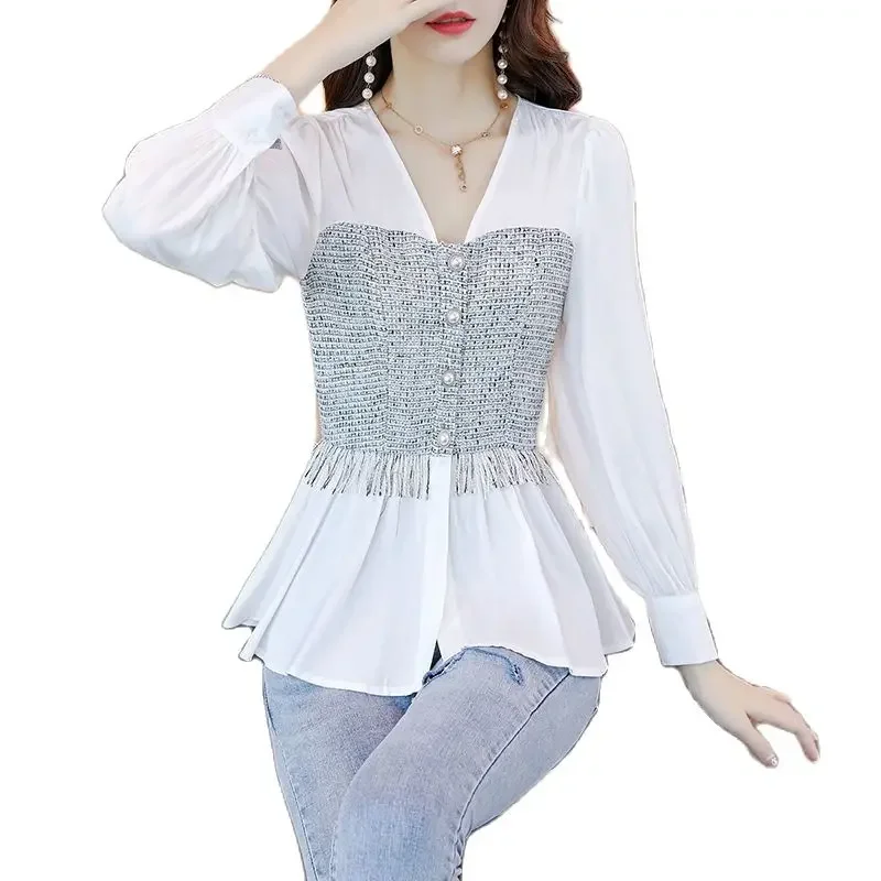 

Women's Top 2021 New Spring and Autumn Korean Harajuku Women's White V-neck Hem Long-sleeved Button Long-sleeved Chiffon Shirt