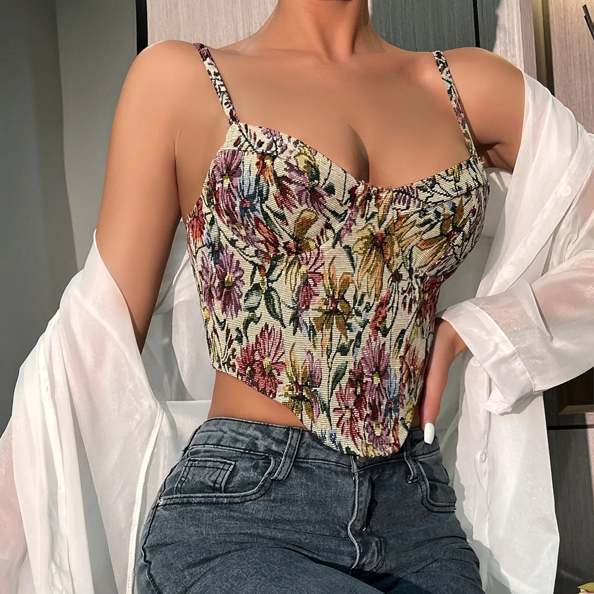 

French Corset Crop Tops Summer V-Neck Shaper Tank Top Slim Print Vintage Lingerie Halter Bustier Back Zipper Camis Women Clothes