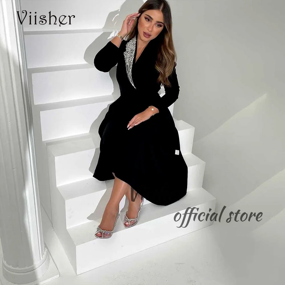 

Viisher Black Long Sleeve V Neck Prom Party Dresses A Line Tea Length Formal Evening Gowns Arabic Dubai Evening Dress