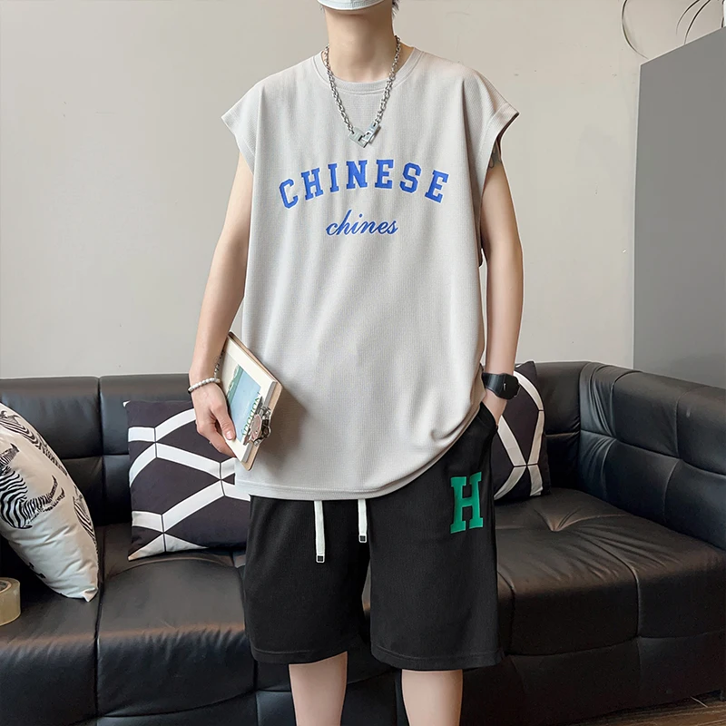 Summer New Loose Men Suits American Street Breathable Sets Casual Sleeveless T-Shirt and Shorts Set Male Sports Suit Tracksuit 5