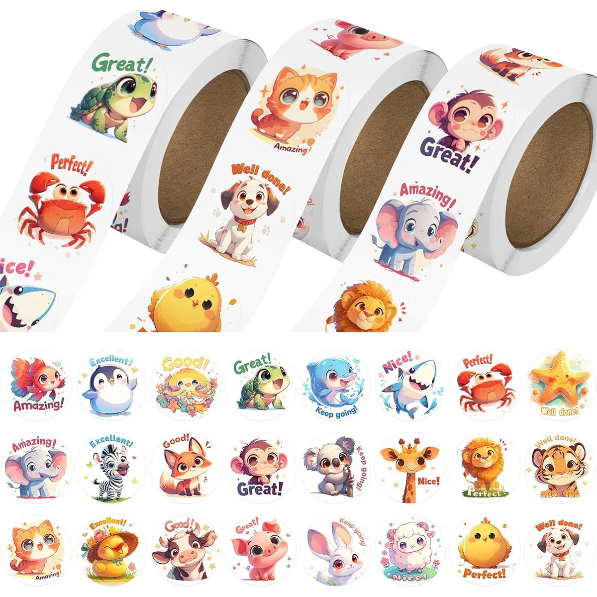 1/3 롤 어린이 스티커 500/1500pcs 대량 귀여운 농장 바다 야생 동물 스티커..