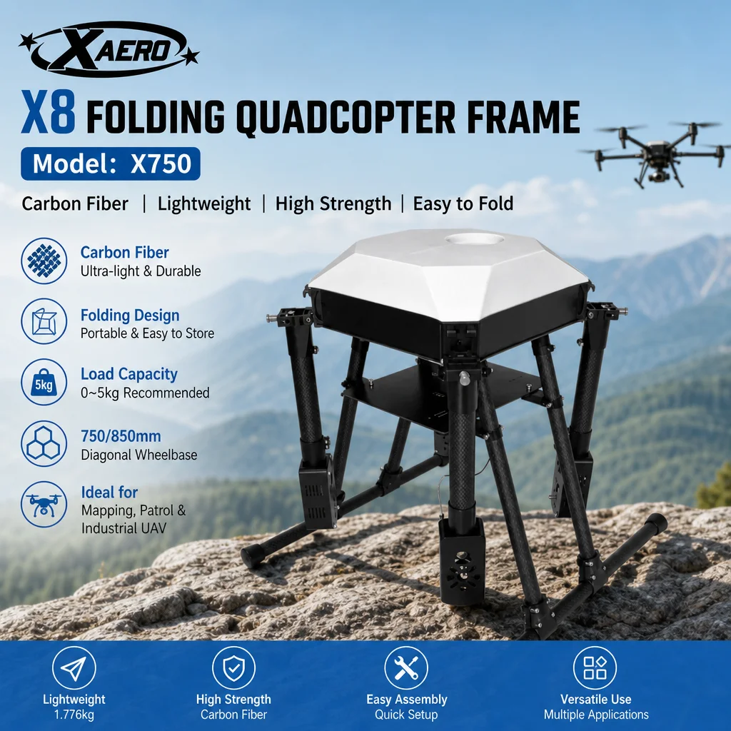 XAERO X750 750 850mm X8 Faltbarer Rahmen 5kg Traglast Kohlefaser für Kartierungs- und Patrouillen-Industrie-UAVs