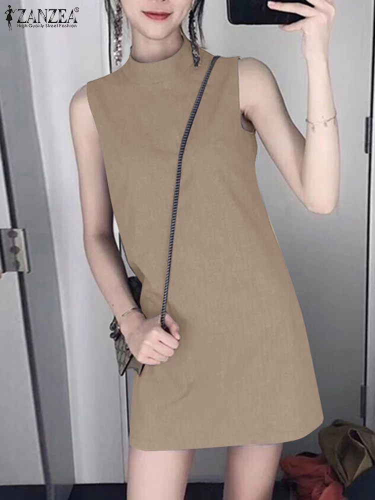 

ZANZEA 2024 Fashion Women Mini Dress Sleeveless Office Wear Casual Summer Short Vestido Solid Color Stand Collar OL Tank Dresses