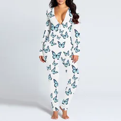 New Butterfly print Jumpsuit Women Casual Long Sleeve Button-down Front Functional Buttoned Flap Playsuit Pajamas for Adult