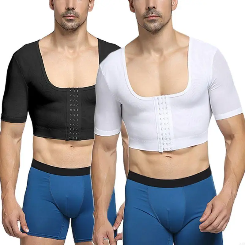 LXAD Mens Mesh Shapewear Gynecomastia Compression Shirts Chest Binder Crop Top Short Sleeve Adjustable Body Shaper for Cross