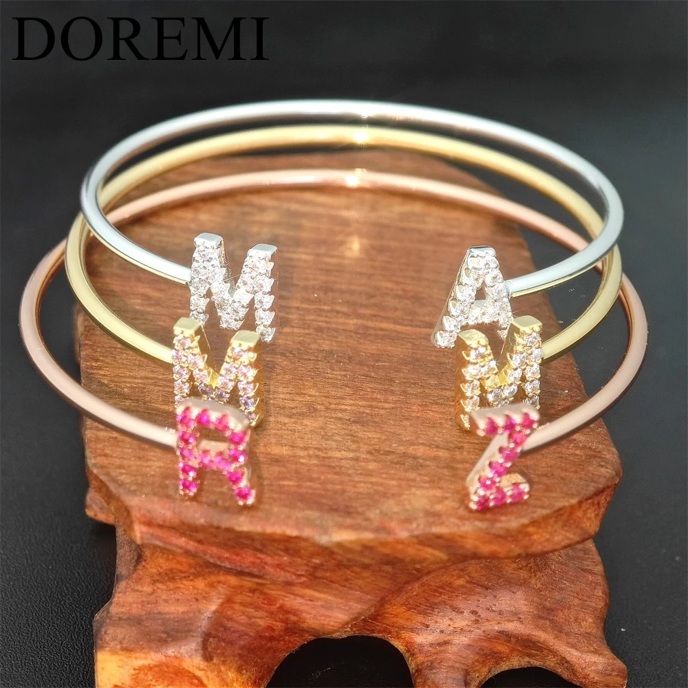 DOREMI Birthstone Color Zircon Initial Letter Bangle Personalized Rose Red Cz Brass Thick Gold Plated Custom Letter Bangle Gift