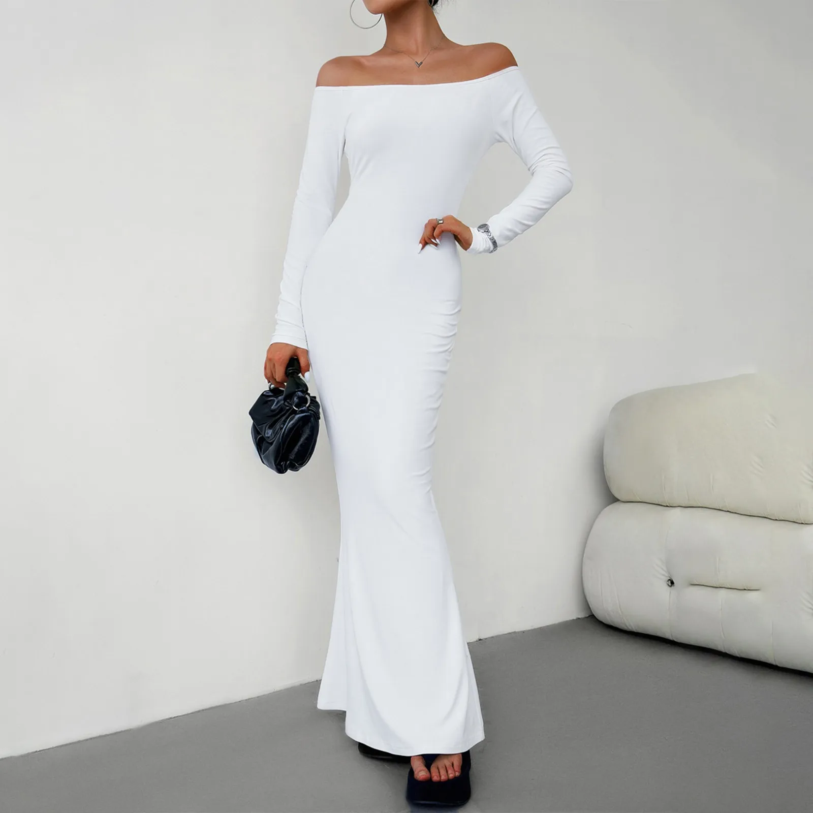 

Spring Autumn Women Solid Dress Elegant Casual Sexy Bodycon Slim Off Shoulder Maxi Long Dress 2024 New Evening Party Gown