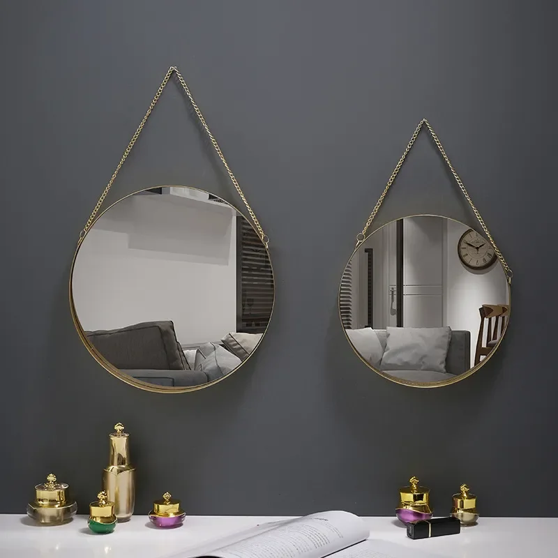 Round Decorative Glass Mirrors Home Decor Bathroom Vanity Chain Hexagon Wall Hanging Makeup Mirror Art Interior Home Decoration