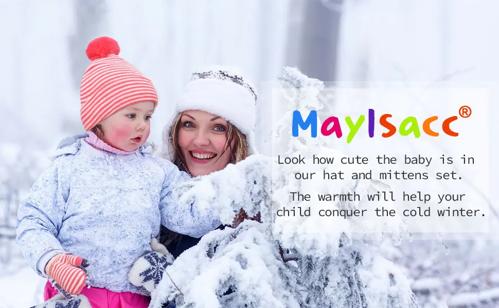Winter Toddler Pom Beanie Hat and Mittens Gloves Set Warm Knit Fleece Lined for Boy Girl Kids Age 2-5
