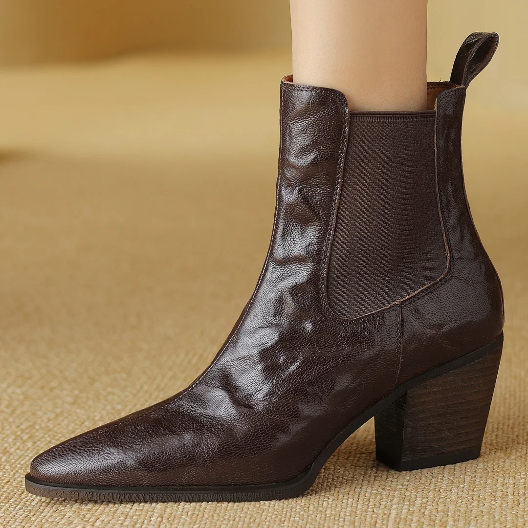 

Женские ботильоны челси из натуральной кожи, эластичные ботинки без шнуровки, на толстом среднем каблуке 6 см, обувь в западном стиле, большие размеры 34-42, на осень