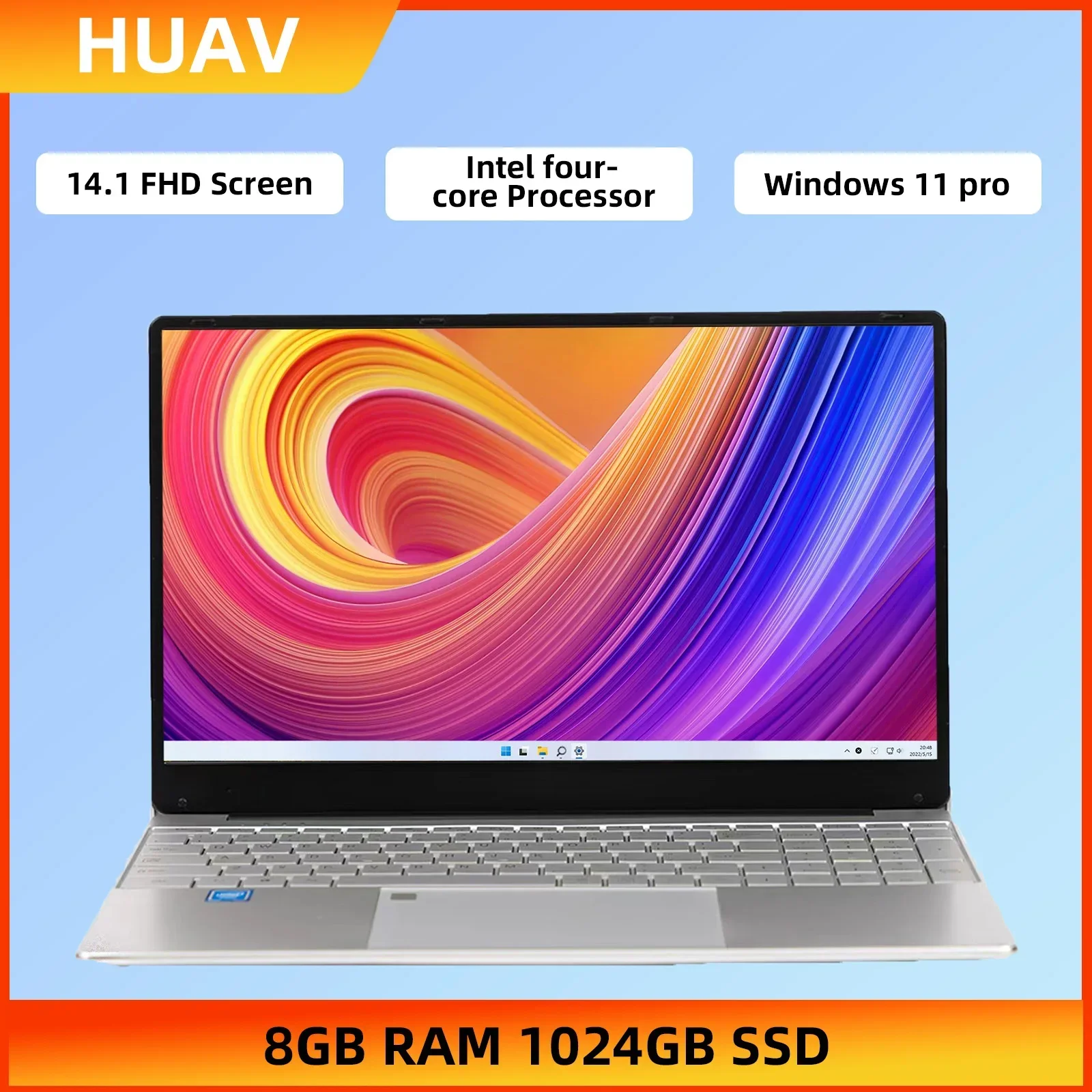 HUAV 2024 노트북 14.1 FHD 스크린, 인텔 셀러론 J4105, 8GB RAM, 1024GB SSD, 윈도우 11 학생 노트북, 와이파이 블루투스