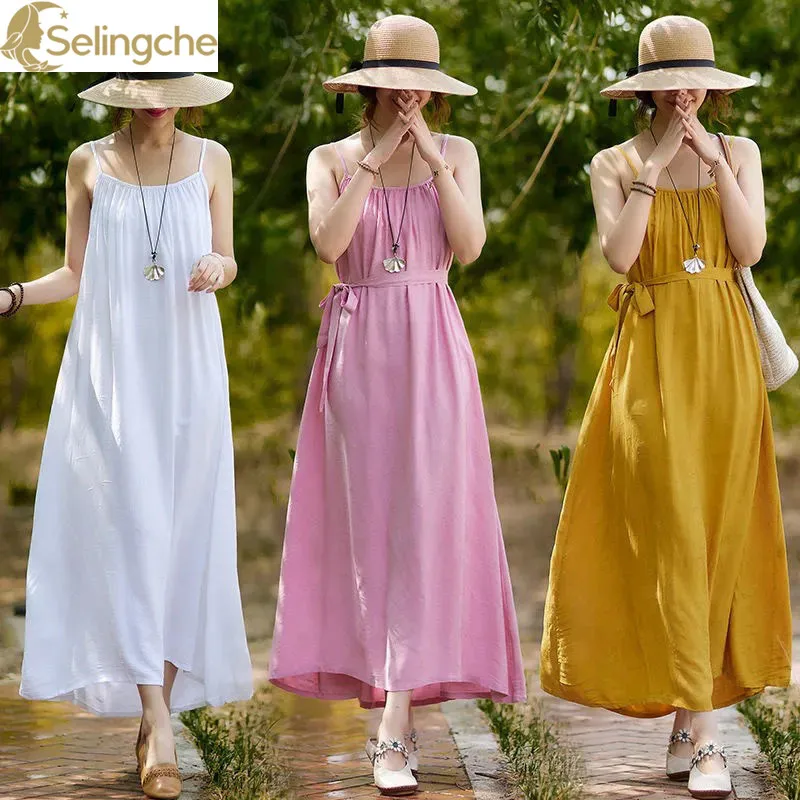 

Retro Artistic Suspender Dress for Women in Spring and Summer 2024 Loose Tie Up Waist Slim Look Long Skirt with Large Hem