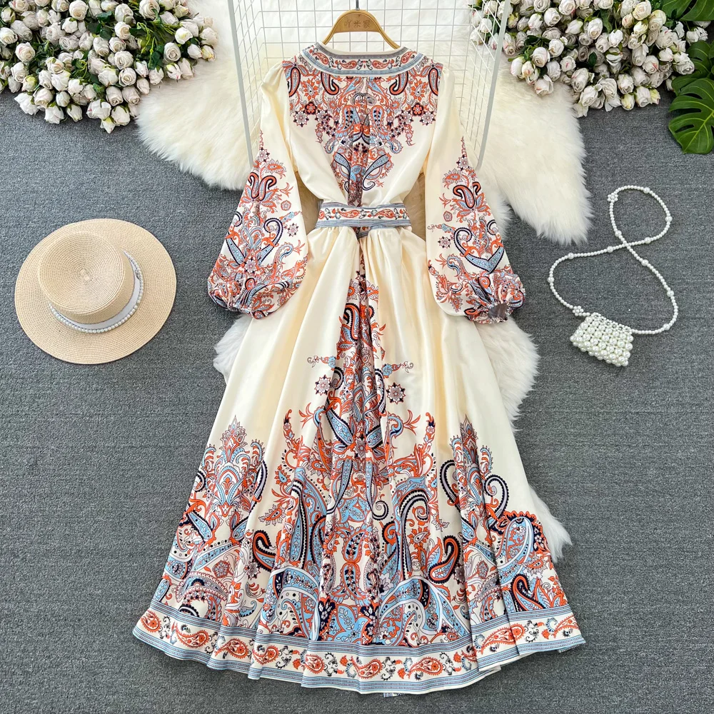 Elegant V-Neck Lantern Sleeve Women's Dress Fashion Slim Print Middle East Muslim Ladies Clothing Autumn New Simple Lace-up Robe