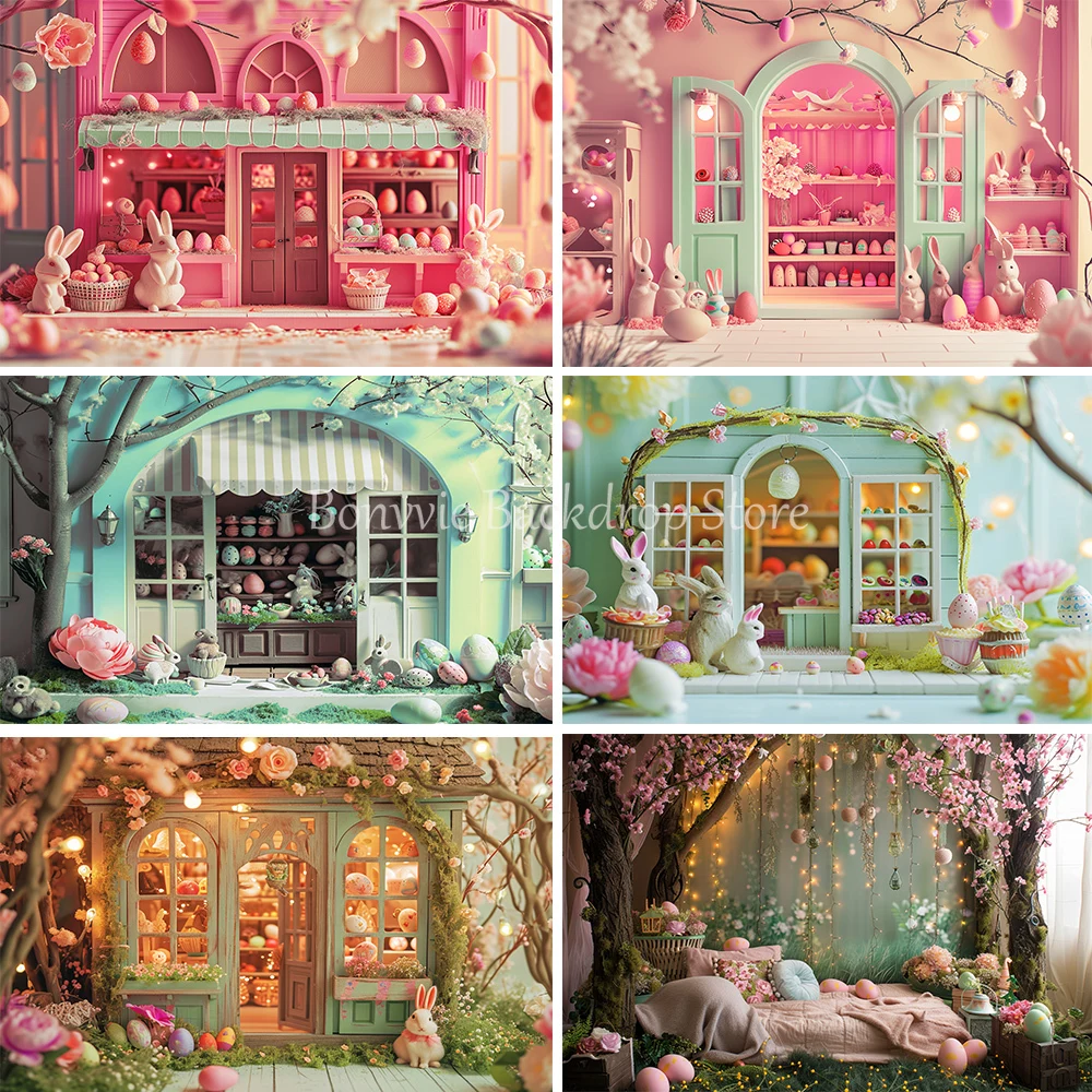 BonvvieSpringEasterPhotographyBackdropGardenBunnyColorfulEggs