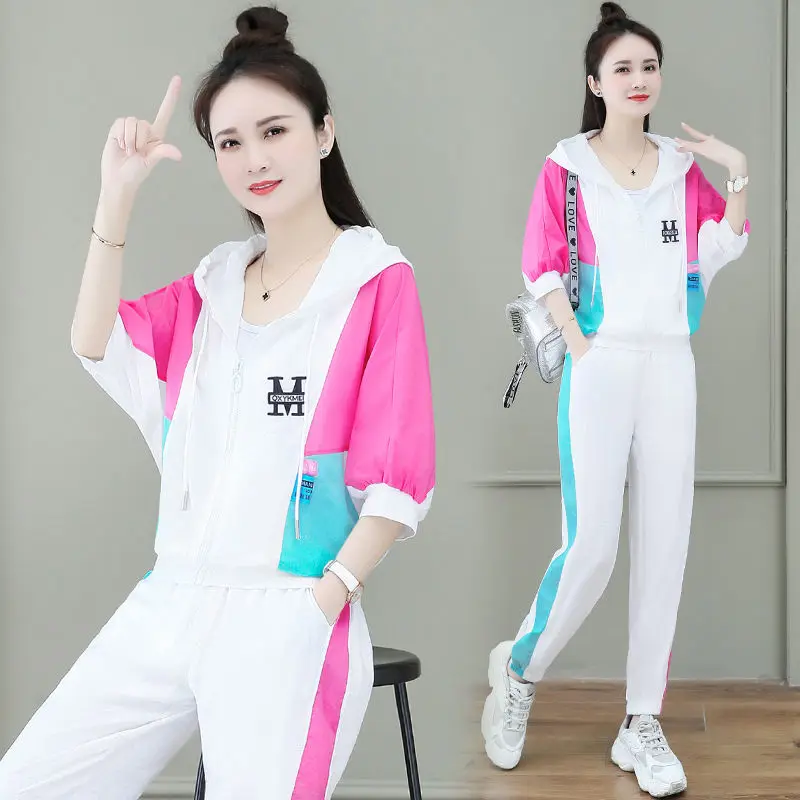Sports Leisure Suit Summer Women 2023 New Age Reduction Foreign Air Ice Silk Sun Cardigan Hoodie Fashion Two-piece Set