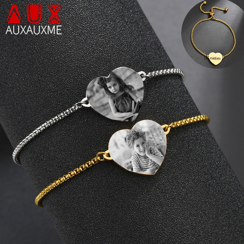 

Auxauxme Custom Engrave Photo Name Heart Bracelet Stainless Steel Personalized Laser Engraved Logol Text Picture Bangle Jewelry