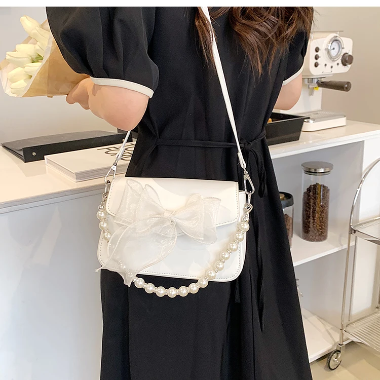 JIAERDI Sweet Bow Lolita Bag Women Harajuku Pearl Chic Handle Leather White Messenger Bag Ladies Japanese Cute Handbag Aesthetic