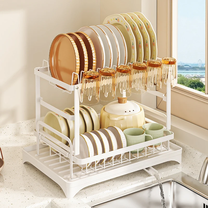 Kitchen Dish Drying Rack, 2-Tier Dish Rack with Drainer Board