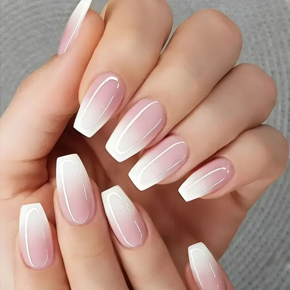 New Long Ballerina False Nails French Crystal Aurora Gradient Pink White Nail Tips Detachable Full Cover Fake Nails Women Girls