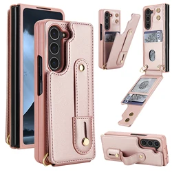 Premium Wallet Case with Strap and Magnetic Closure - Wristband Card Slot Protective Cover - Galaxy Z Fold4 (Rose)