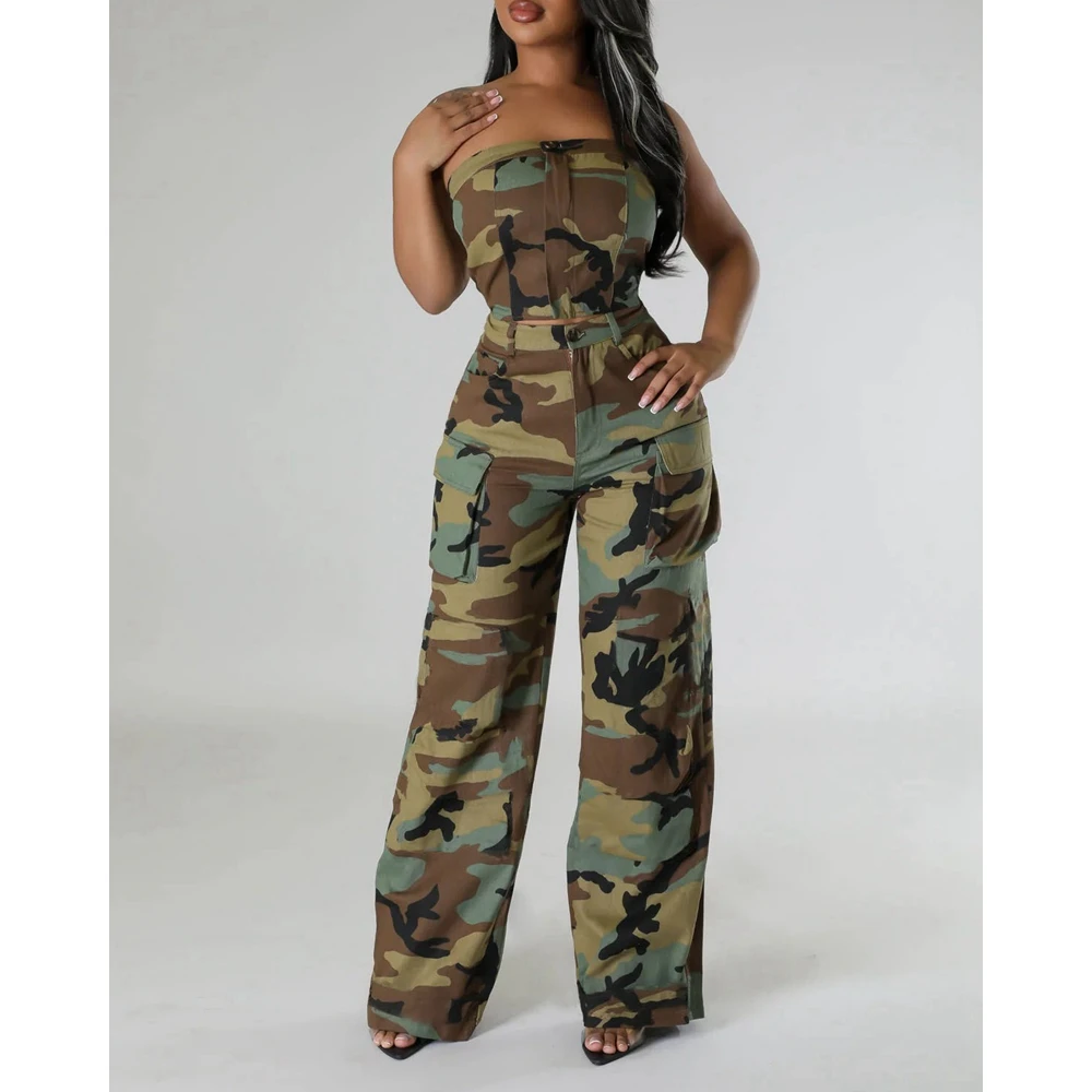 2024 Summer Camoulage Print 2 Pieces Set Strapless Cropped Top and Cargo Pants Set for Women Trendy Sexy Streetwear y2k Outfits