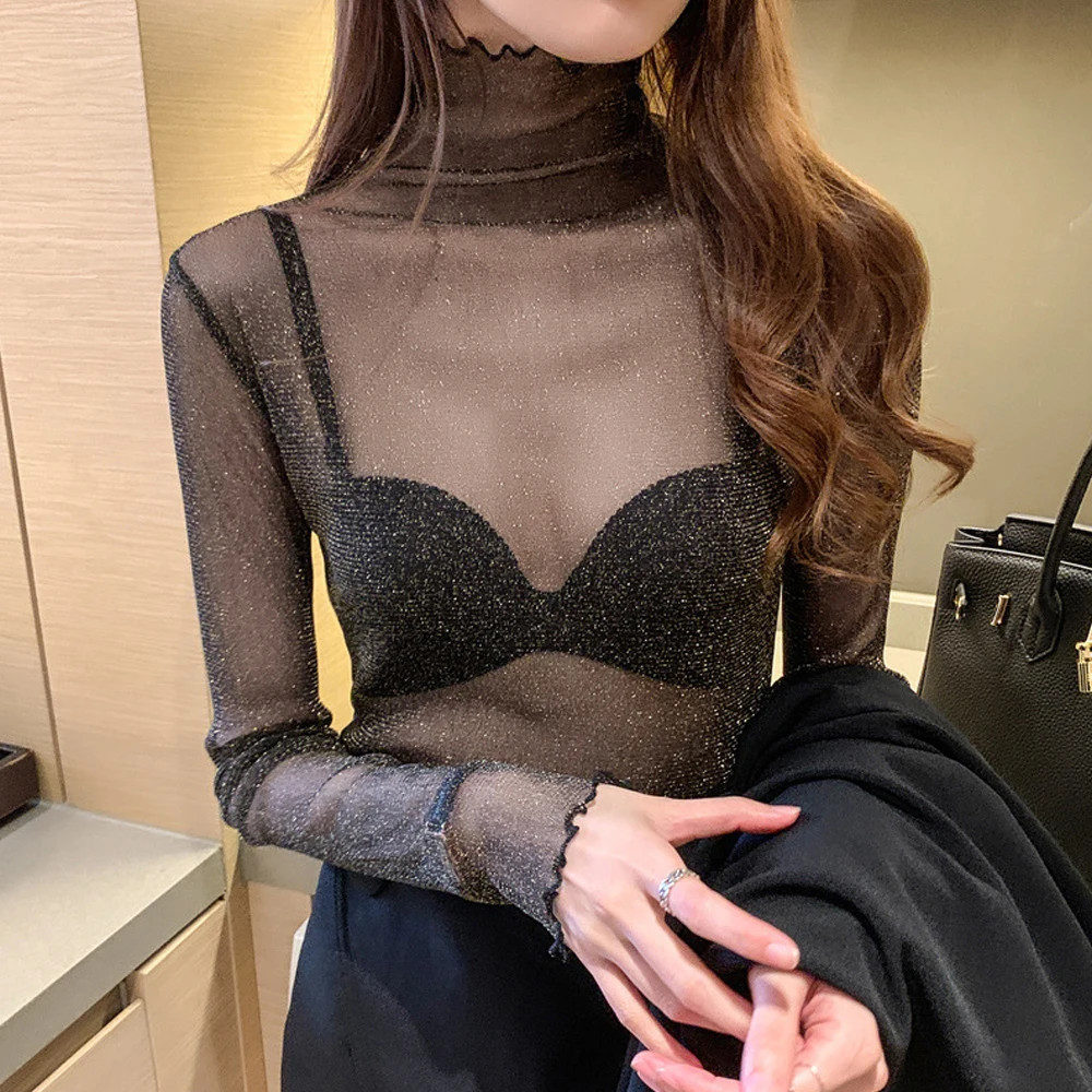 

Блестящие элегантные кружевные женские блузки S-2XL, Прозрачная облегающая Женская водолазка с длинным рукавом, прозрачная сетчатая рубашка