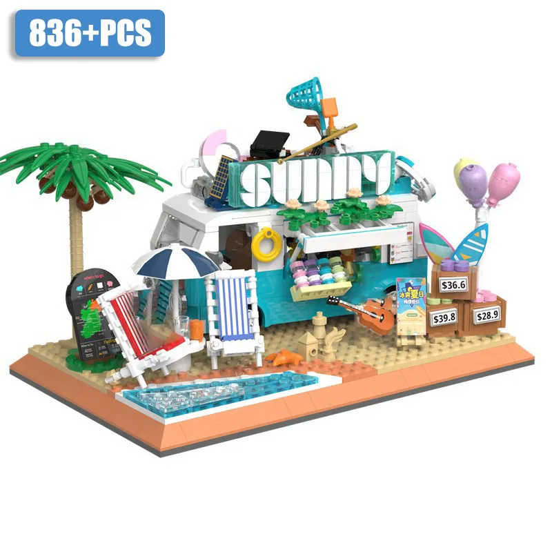 City Beach Camping Van Tour Bus Mini Size Building Blocks Fai Da Te Sport Car Food Truck Micro Brick Toys For Children Gifts