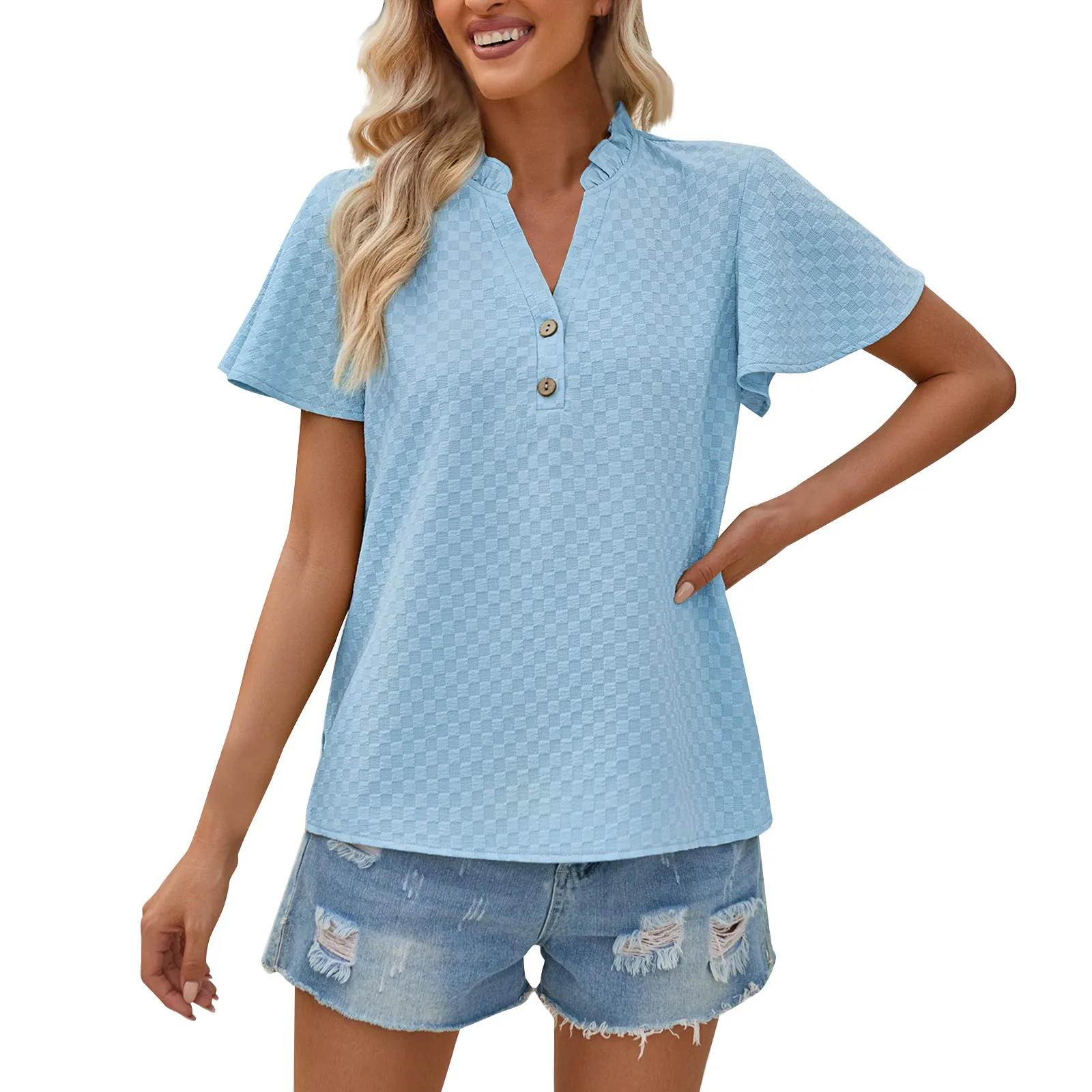 

Summer Fresh And Casual Women'S Solid Color V-Neck Button-Decorated Slim-Fitting Short-Sleeved Top Women Fashion Blouse 2024