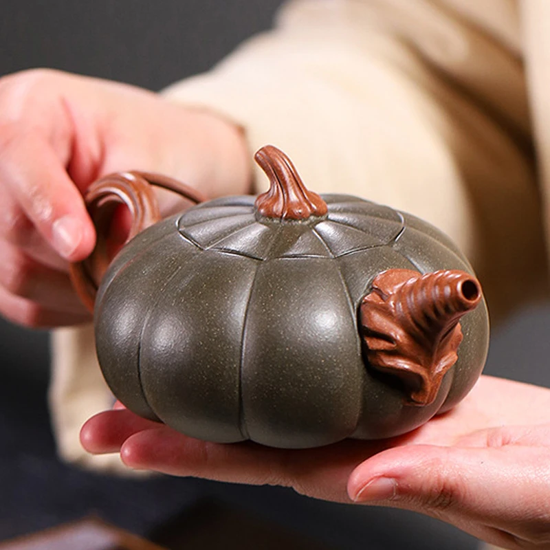 Chinese Style Pumpkin Shaped Teapot, Purple Clay Raw Ore Green Mud, Kung Fu Household, Pure Handmade, 310ML, Tea Pots, 1Pc