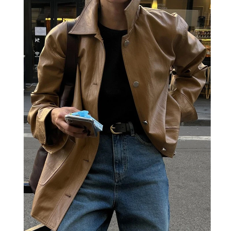 Vintage Leather Jacket for Women Spring Autumn 2024 New Simple Fashion Metal Single-breasted Brown PU Leather Jackets abrigos