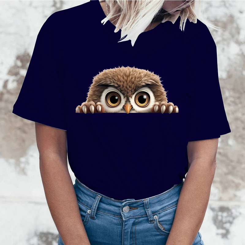 

(High quality T-shirts)New Hot Cute Owl Printed T-Shirts Women Girl Casual Loose Round Neck Creative Personalized T-Shirts