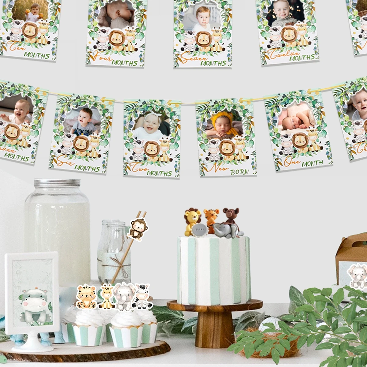 1st Jungle Animal Birthday Photo Banner Garland 12 Months Photo Frame Banner 1st Baby Boys 1 One Year Birthday Supplies