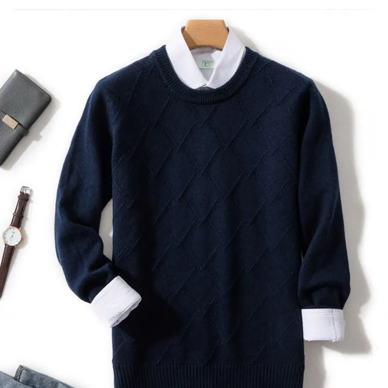 Cashmere Sweater Men's O-Neck Thickened Diamond Sweater Loose Large Casual Knit Backing Winter Wool Sweater 3