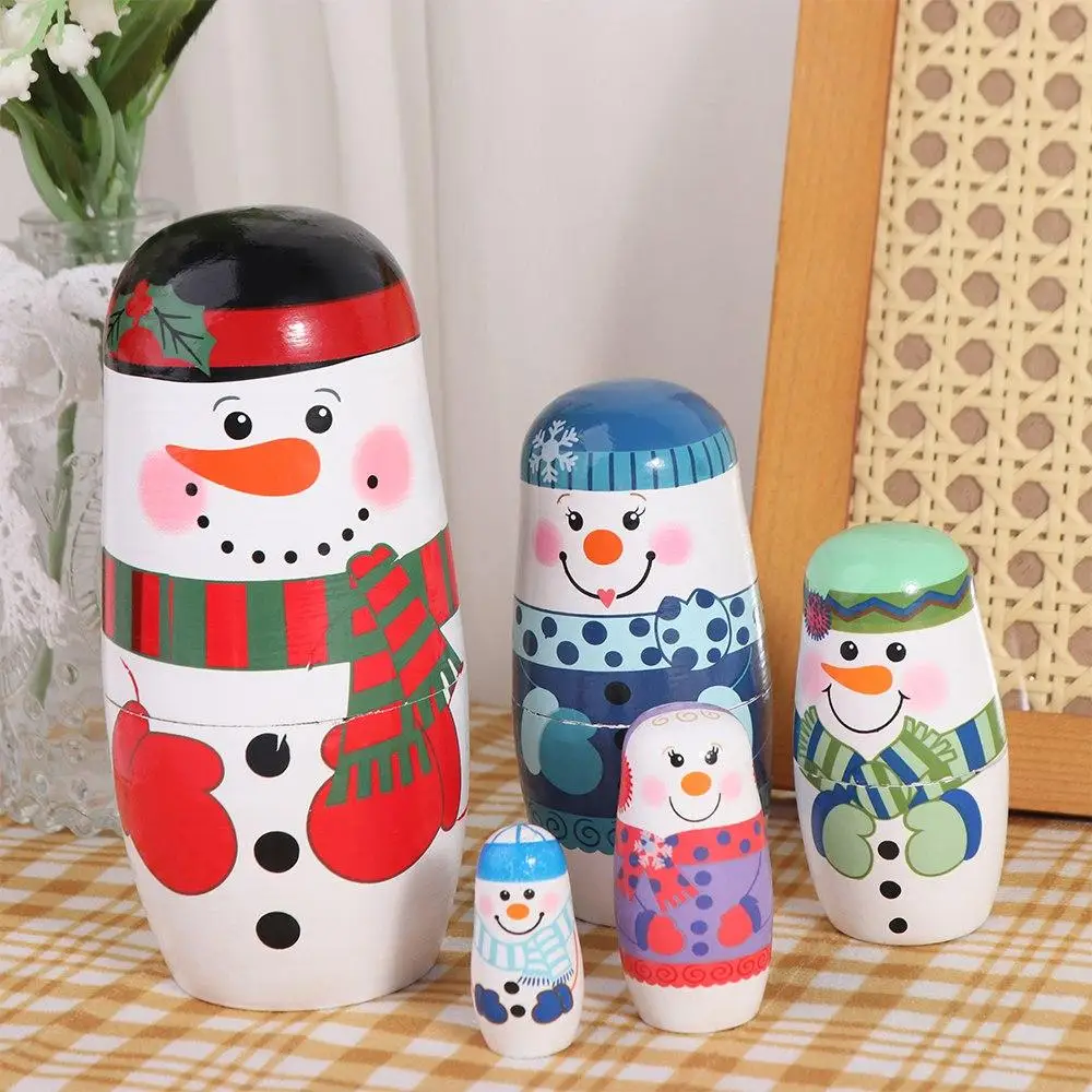 Handicrafts 5Pcs/Set Xmas Matryoshka Smooth craft Snowman Russian Safe Wood Wooden Stacking Brithday Gifts