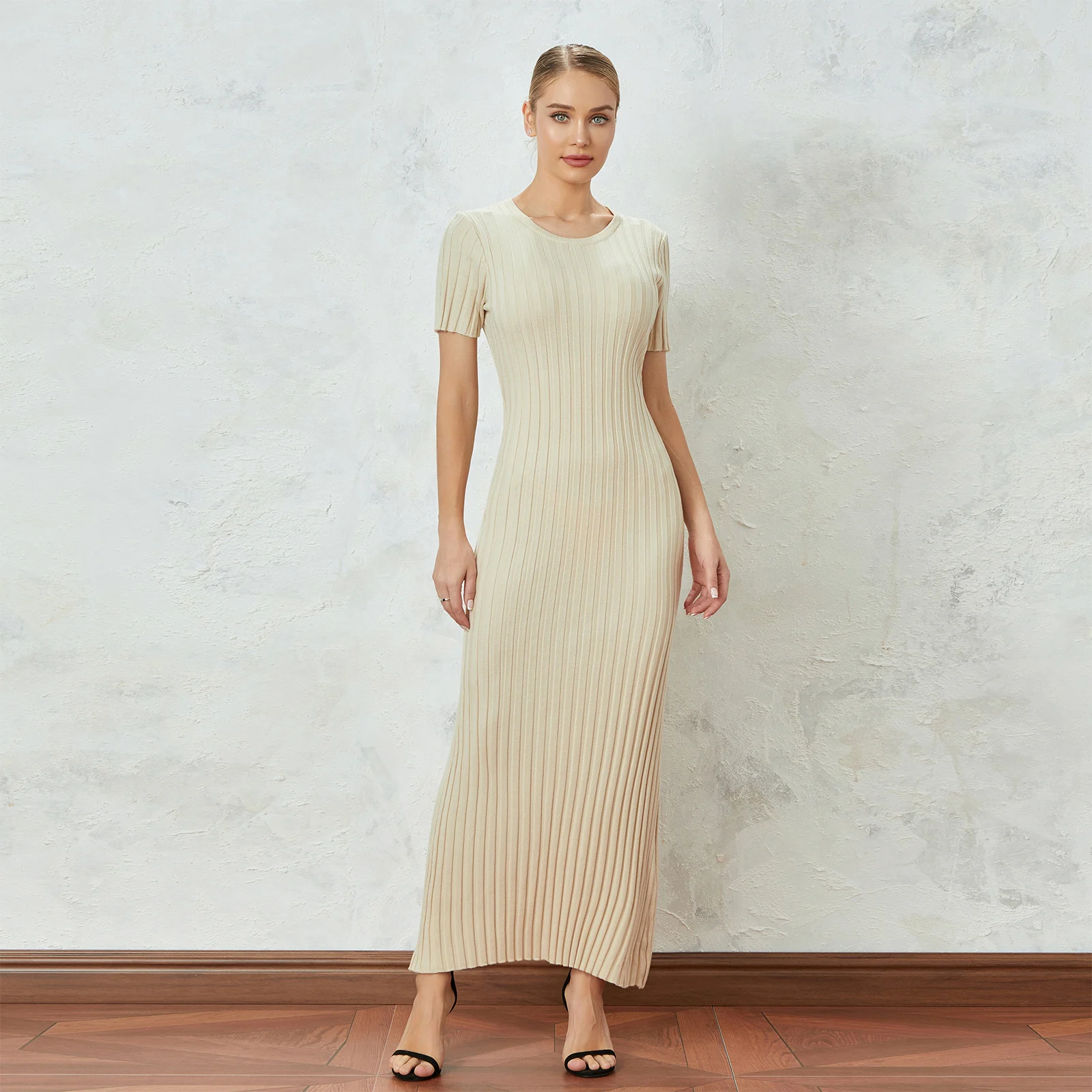 

Women Fashion Long Dress Solid Color Round Neck Short Sleeve Dress Summer Tie-Up Party Rib Knit Dress