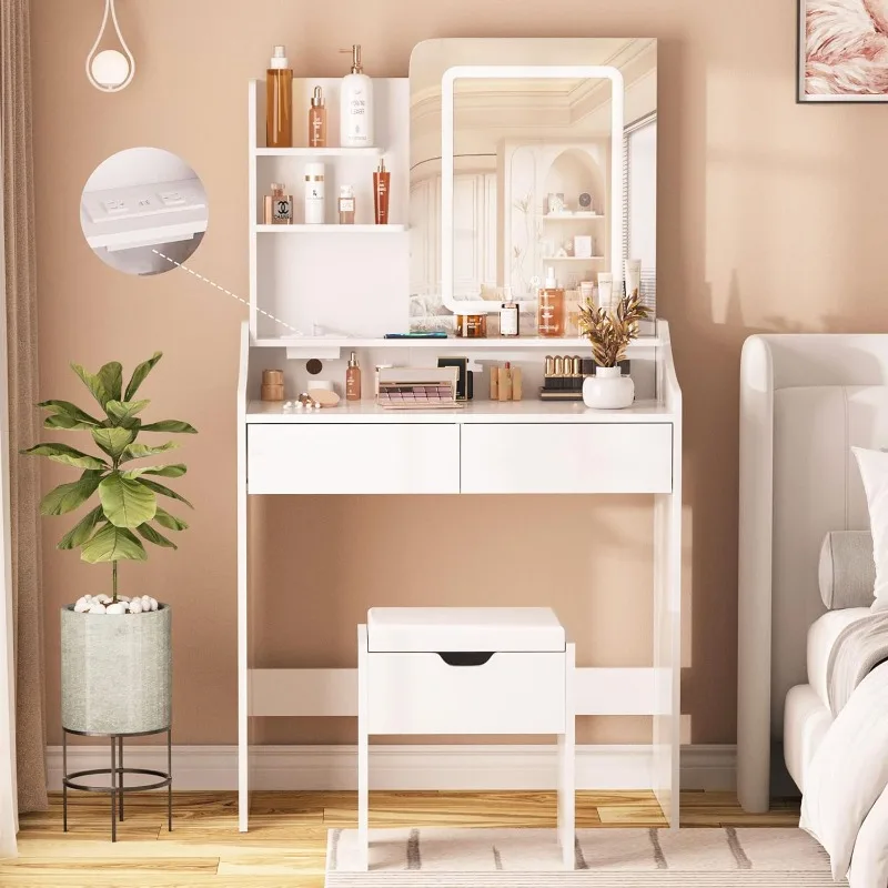 

Vanity Desk with LED Light Mirror and Charging Station 30.3in, Small Vanity Set with 4 Storage Shelves 2 Drawers