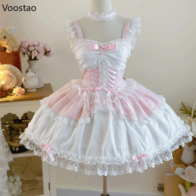 Lolita Dress Women Japanese Sweet Jsk Elegant Ruffles Lace Bandage Princess Strap Girls Y2k Kawaii Tea Party Mini lolita suspender dress lolita dress lolita cosplay costumes