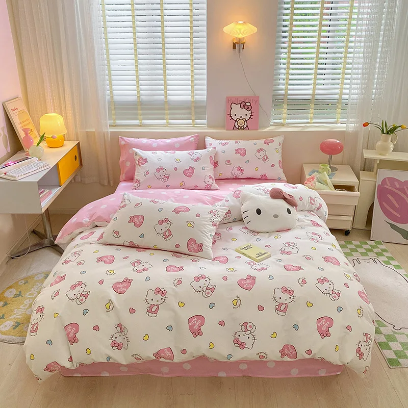 Sanrio Hello Kitty Cotton Printing Bedding Set Duvet Cover Bed Sheet Pillowcase King Queen Full Twin Bedclothes Home Textile 3