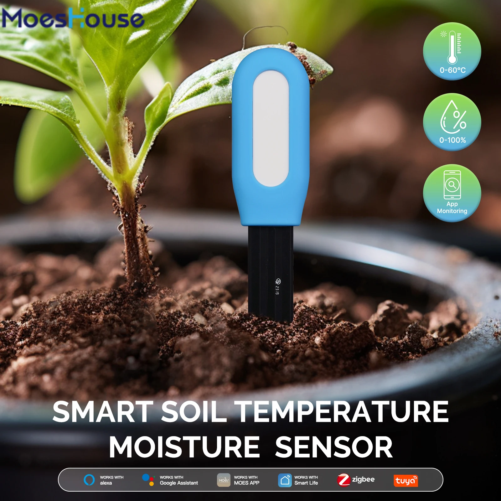 MoesHouse Smart ZigBee Soil Temperature Meter Moisture Humidity Sensor Plant Monitor Detector Garden Automation Irrigation