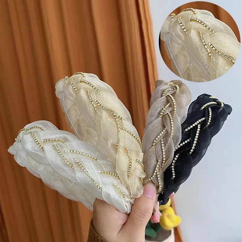 

New Fashion Chain Braided Hairband Headband Women Spring Mesh Rhinestone Headbands Girls Hair Accessories Headwear 2022