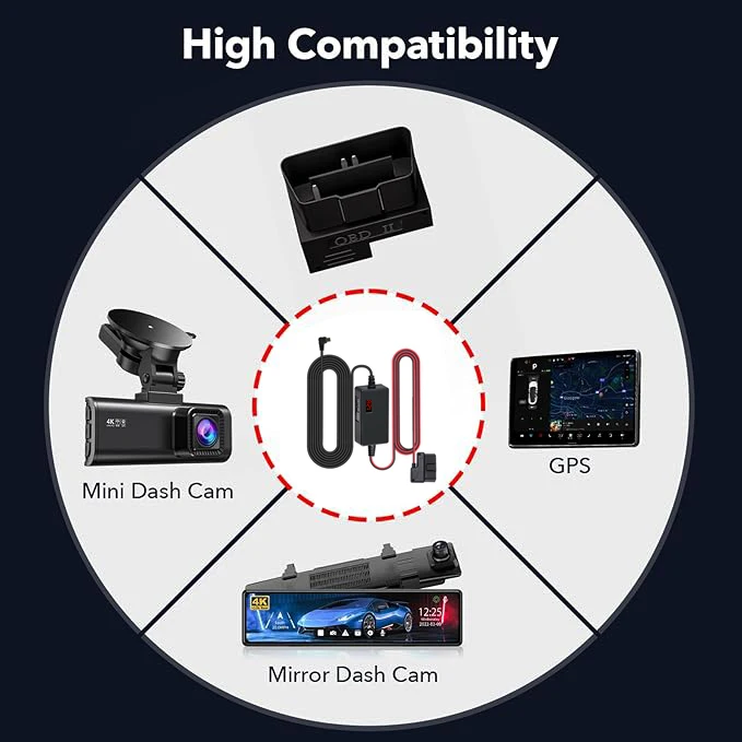Universal Dash Cam Hardwire Power Cable with Low Voltage Protection, 10ft