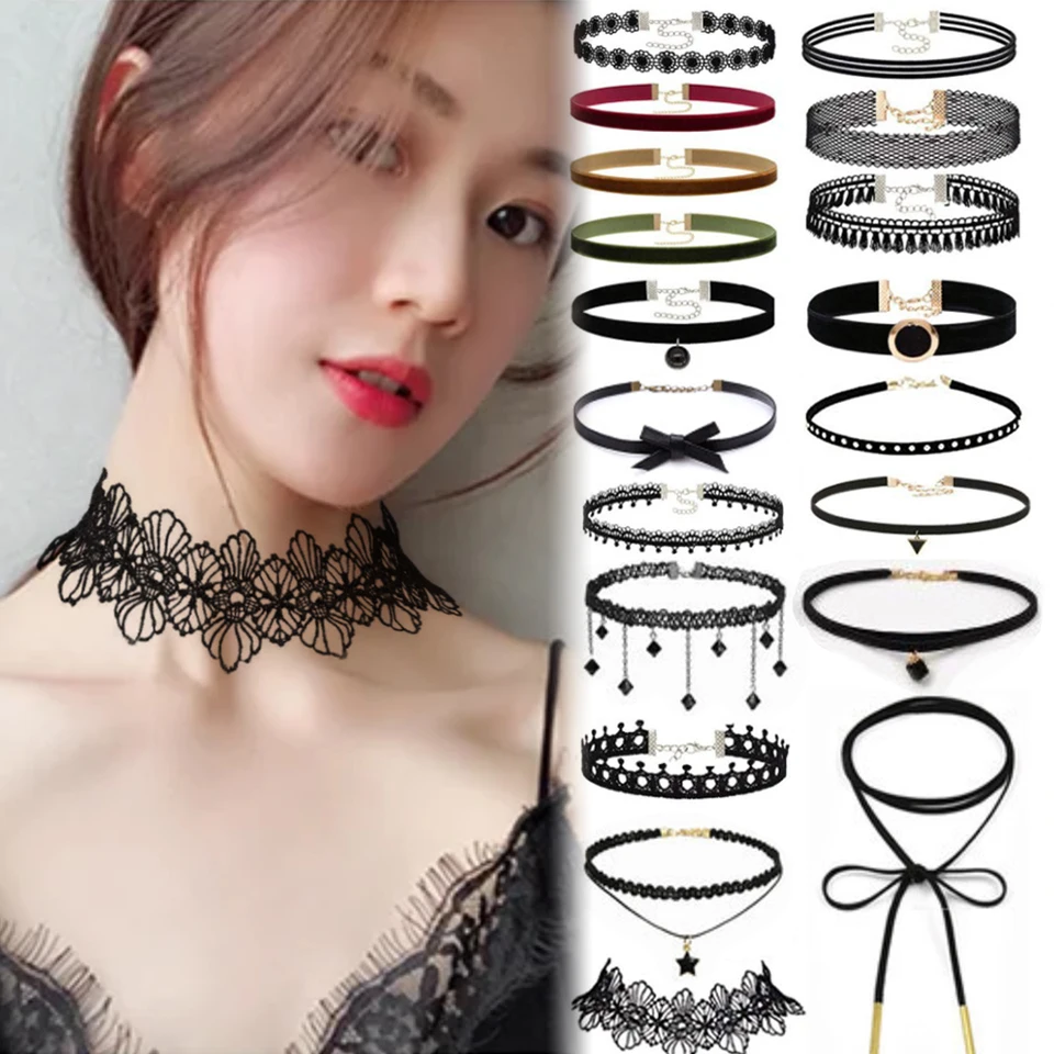 Collana girocollo vintage in pizzo di velluto fatto a mano per collare da donna coppie gioielli al collo alla moda fascino elasticizzato gotico punk cuore nero  36
