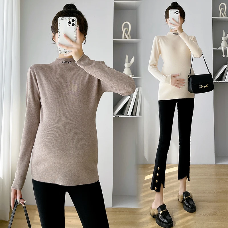 Cute Autumn Winter Fashion Warm Knitted Maternity Sweaters Tight Bottoming Shirt Clothes for Pregnant Women Sweet Pregnancy Tops
