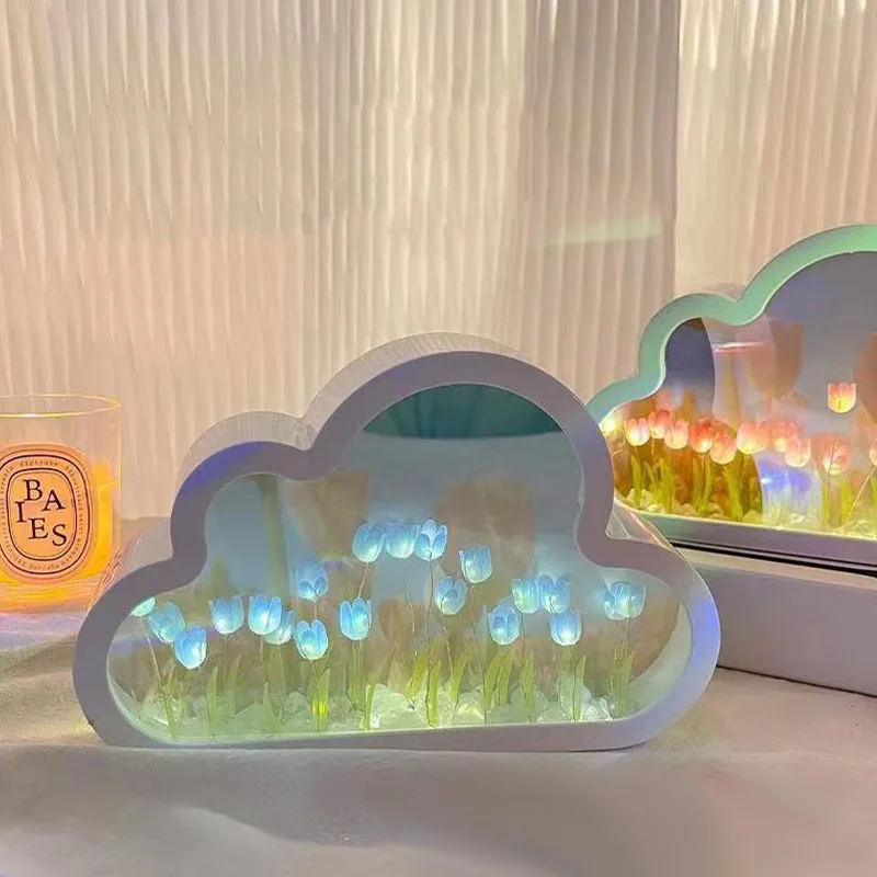 

DIY Cloud Tulips Night Lamp Decorative Mirrors Photo Frame LED Table Lights Korean Creative Desk Bedroom Handmade Birthday Gifts